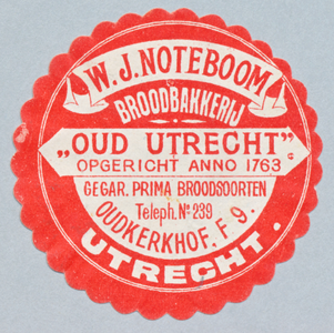 711148 Sluitzegel van W.J. Noteboom, Broodbakkerij Oud Utrecht , Oudkerkhof 9 te Utrecht.